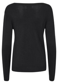 Black lightweight knit sweater with a wide neckline and long sleeves, featuring a seamless design and ribbed cuffs and hem.