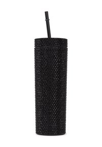 Vaso reutilizable negro cubierto de pequeñas y facetadas strass, de forma cilíndrica con una pajita negra a juego, acabado brillante.