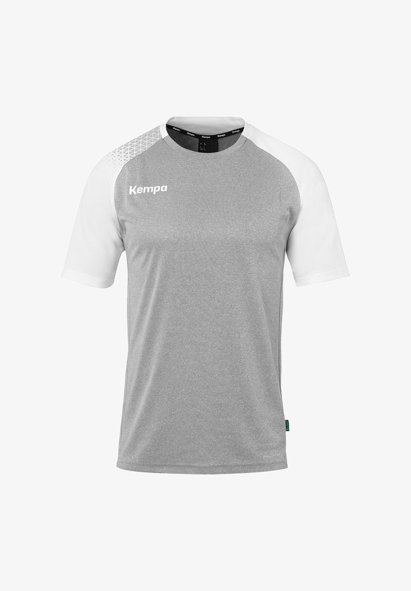 Grijs en witte korte mouwen sportshirt van synthetisch materiaal, met een textuuropdruk op één schouder en een logo op de voorkant.