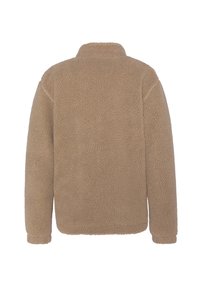 Giacca in pile marrone con collo alto e maniche lunghe. Presenta un tessuto testurizzato con un aspetto morbido e soffice e una vestibilità comoda.