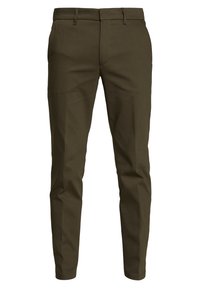 Pantaloni verde oliva in tessuto liscio con un taglio slim, dotati di tasche tradizionali e design frontale piatto. Taglio dritto.