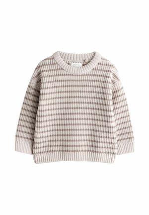 Børne striktrøje med beige og lysebrune vandrette striber, ribstrikkede manchetter, kant og rund halsudskæring.