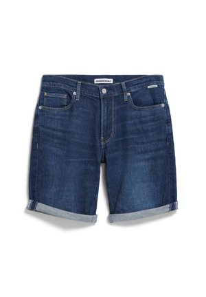 Dunkelblaue Jeansshorts mit umgeschlagenen Säumen, mit Fronttaschen, einem Reißverschluss und einem Markenetikett am Bund.