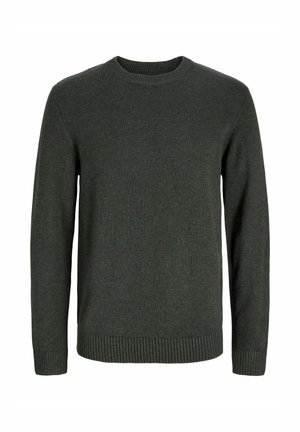Tamnozelena pletena majica s okruglim izrezom, dugim rukavima i rebrastim manžetama i rubom. Izrađena od meke, teksturirane tkanine.