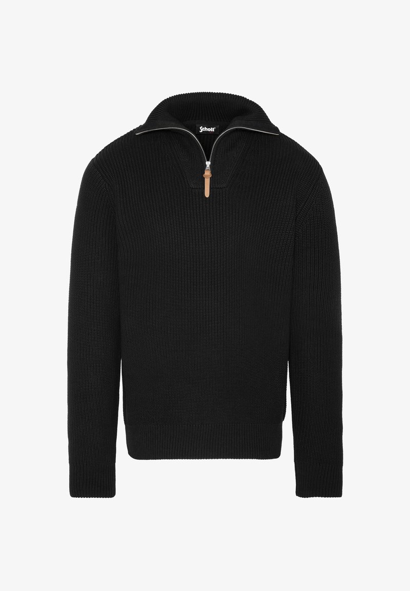 Czarny sweter z dzianiny z zamkiem przy kołnierzu, charakteryzujący się teksturowanym materiałem i ściągaczami przy mankietach, zaprojektowany z myślą o cieple i komforcie.