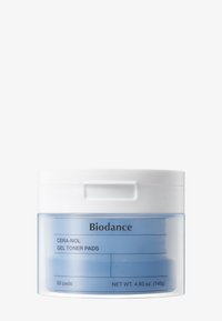 Biodance Cera-Nol Gel Toner Pads beholder; klar plast med hvit lokk, blå gelputer inni, merket med produktdetaljer og vekt.