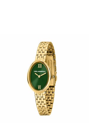 Orologio da polso in metallo color oro con quadrante ovale verde, numeri romani a ore 12 e 6 e logo Karl Lagerfeld sul quadrante.