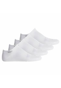 Weiße Knöchelsocken aus weichem Material mit einem niedrigen Schnitt. Jedes Paar hat eine glatte Textur und ein Logo in der Nähe der Ferse. Vier Paare sind abgebildet.