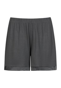 Grijze shorts met een elastische tailleband, een gladde textuur en satijnen afwerking aan de zoom. Eenvoudig ontwerp, geschikt voor casual draag.