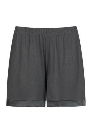 Grijze shorts met een elastische tailleband, een gladde textuur en satijnen afwerking aan de zoom. Eenvoudig ontwerp, geschikt voor casual draag.