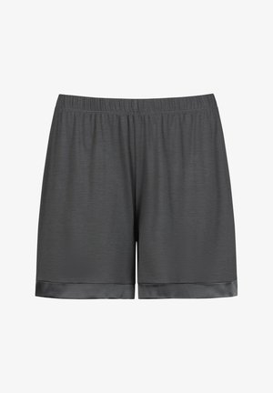 Grijze shorts met een elastische tailleband, een gladde textuur en satijnen afwerking aan de zoom. Eenvoudig ontwerp, geschikt voor casual draag.