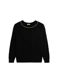 Schwarzer Strickpullover mit einem Kabelmuster, rundem Ausschnitt und einer Reihe dekorativer Nieten entlang des Kragens.