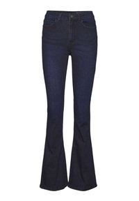 Jean en denim bleu foncé à taille haute et jambes évasées, avec poches avant et fermeture par bouton.