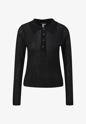 Strickpullover in Schwarz mit langen Ärmeln und strukturierter Oberfläche, ausgestattet mit einer Knopfleiste und einem weichen Kragen. Dezentes Rippmuster über die gesamte Oberfläche.