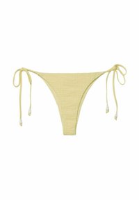 Bas de bikini jaune en tissu texturé avec des liens latéraux réglables et des accents en perles pour un ajustement personnalisé.