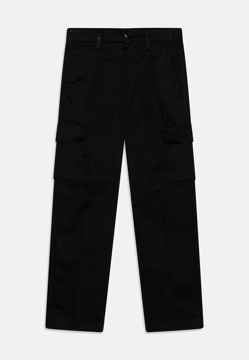 Sorte cargo-bukser laget av bomull, med to sidelommer, knapplukking og rett ben-design. Glatt tekstur med minimal søm.