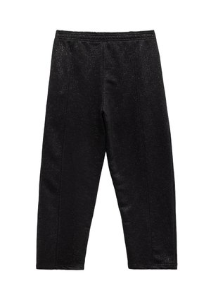 Leggings negros brillantes con cintura elástica, que presentan una textura suave, forma ajustada y sin costuras o bolsillos visibles.