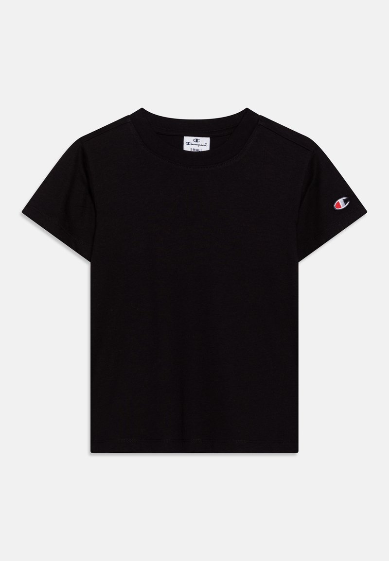 T-shirt nera in cotone con maniche corte, scollatura a giro e piccolo logo ricamato sulla manica sinistra. Design semplice e casual.