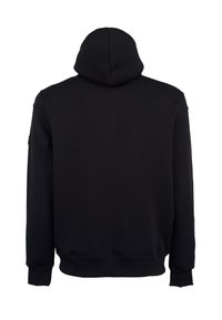 Zwarte hoodie met een trekkoordcapuchon, lange mouwen, ribgebreide manchetten en zoom. Soepele stofstructuur zonder zichtbare patronen of logo's.