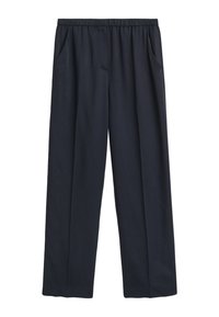 Pantaloni larghi blu navy con cintura elastica, due tasche laterali, tessuto morbido e un design fluido.