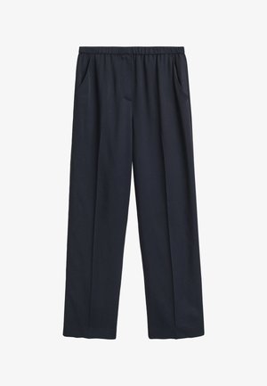 Navy wide-leg trousers with an elastic waistband, two side pockets, soft fabric texture, and a flowing design.