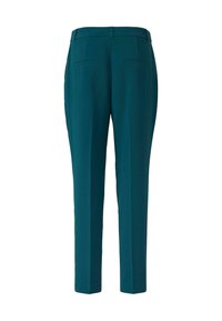 Türkisfarbene maßgeschneiderte Hosen mit schmaler Passform, inklusive Gürtelschlaufen, zwei aufgesetzten Gesäßtaschen und gebügelten Falten entlang jedes Beins.