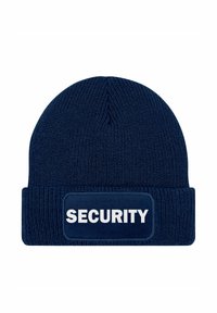 Dark blue knit beanie with a fold-over cuff featuring a rectangular patch that reads "SECURITY" in bold white letters.