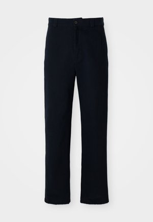 Pantalones azul marino de algodón, con un diseño de pierna recta, cierre frontal de botón y una cintura clásica con pasadores para cinturón.