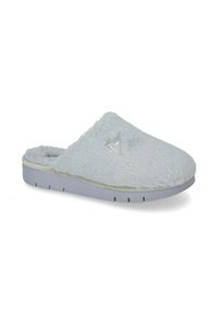 Pantofole grigie in pelliccia sintetica con una texture morbida, forma arrotondata e suola in gomma grigia con scanalature per una maggiore aderenza. Accentuate da un piccolo dettaglio con logo.