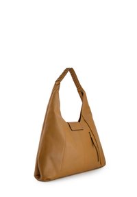 Brązowa skórzana torebka o luźnym kształcie, z plecioną rączką i przednią kieszenią na zamek. Gładka tekstura, minimalne detale metalowe.