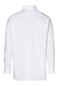 White long-sleeve shirt with a standard collar, plain texture, buttoned cuffs, and a straight cut. Smooth fabric with no visible patterns.