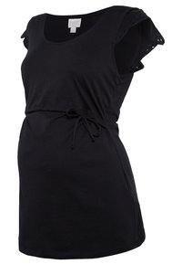 Robe de maternité noire avec de courtes manches volantes, encolure ronde et détail à nouer à la taille. Tissu doux avec une texture lisse.