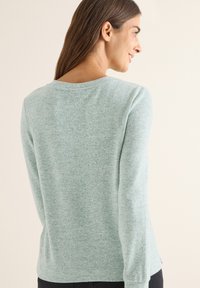 Hellgrüner Pullover mit langen Ärmeln, runder Ausschnitt und strukturiertem Strickmuster, mit gerippten Bündchen und Saum. Rückansicht.