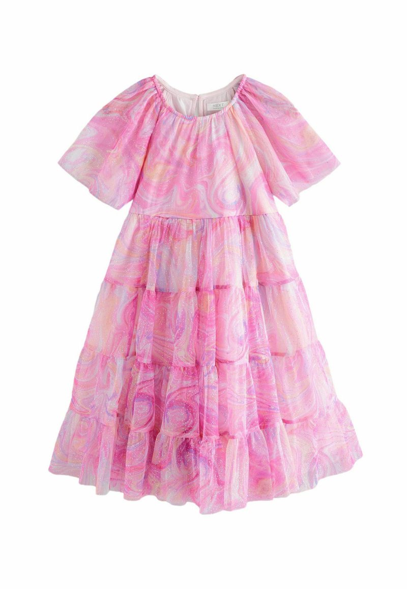 Rosa, gestufte Kleid mit marmoriertem Muster in verschiedenen Pink- und Lilatönen. Kurze Puffärmel und runder Ausschnitt. Leichter Stoff.