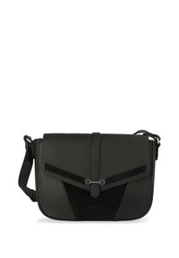Black leather messenger bag with suede accents, rectangular shape, front flap with a strap and metallic hardware, adjustable shoulder strap.