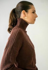 Pull en maille marron avec un col côtelé haut et un motif texturé. La modèle porte de simples boucles d'oreilles en or et a les cheveux en queue de cheval.