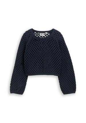 Navy blue long-sleeve cropped sweater with open-knit pattern and round neckline, laid flat on white background.