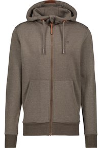 Felpa grigia con zip, cappuccio regolabile con coulisse, due tasche frontali e polsini e fondo a costine. Presenta un'etichetta in pelle e un logo discreto.