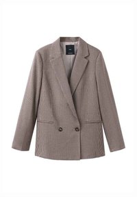 Dubbelgeknoopte blazer in een ruitmotief van bruin en crèmekleurig pied-de-poule. Voorzien van een reverskraag met inkepingen en twee voorkantzakken. Gladde binnenvoering.