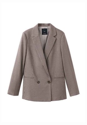 Dwurzędowa marynarka w brązowo-kremowy wzór pepitki. Posiada klapy z wycięciami i dwie przednie kieszenie. Gładka podszewka wewnętrzna.