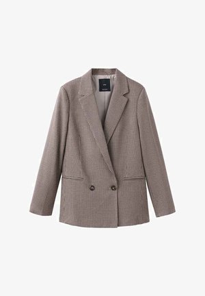 Dwurzędowa marynarka w brązowo-kremowy wzór pepitki. Posiada klapy z wycięciami i dwie przednie kieszenie. Gładka podszewka wewnętrzna.