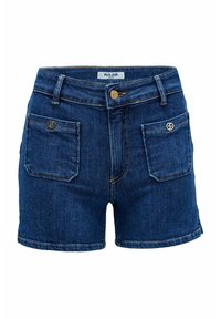 Pantalones cortos de mezclilla en azul oscuro con un diseño ajustado. Sus características incluyen herrajes en tono dorado, bolsillos frontales y traseros, y costuras visibles.