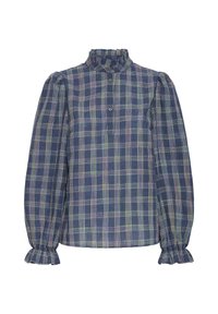 Bluza w kratkę w kolorze granatowym, z falbaniastym kołnierzykiem, guzikami oraz zgromadzonymi bufkami. Wykonana z lekkiego materiału o teksturowanym wykończeniu.