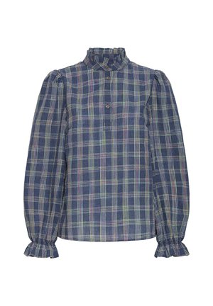 Karirasta bluza v mornarski modri barvi, ki ima nabran ovratnik, gumbaste zaponke in nabirane pufaste rokave. Narejena iz lahkotnega materiala z teksturirano površino.