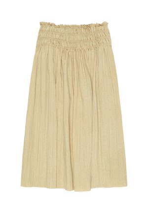 Beežikas mõõtmes keskmise pikkusega seelik, millel on elastne volangiga vöökoht ja õrn väike täpiline muster, valmistatud kerge, voltidega kangaga.