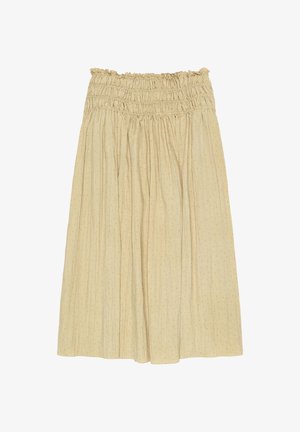 Beżowa spódnica midi z elastycznym marszczonym paskiem i subtelnym drobnym wzorem w kropki, wykonana z lekkiego, plisowanego materiału.