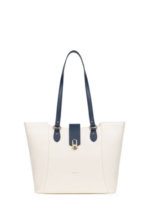 Borsa a tracolla in pelle sintetica crema con accenti e manici blu scuro, dotata di una chiusura dorata e un design minimalista. Ideale per l'uso quotidiano.