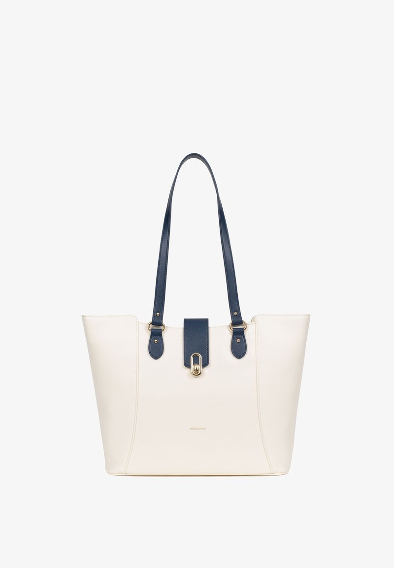 Borsa a tracolla in pelle sintetica crema con accenti e manici blu scuro, dotata di una chiusura dorata e un design minimalista. Ideale per l'uso quotidiano.
