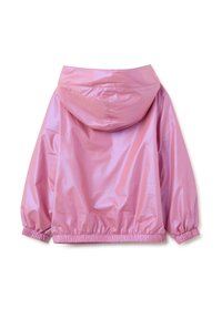 Rosa glänzende Kapuzenjacke mit elastischen Bündchen und Saum, von hinten auf einem weißen Hintergrund gezeigt.