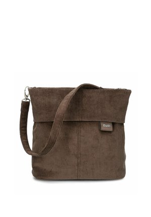 Braune Cord-Schultertasche mit Umschlag, abnehmbarem Riemen und kleinem "zwei" Stoffetikett auf der Vorderseite.